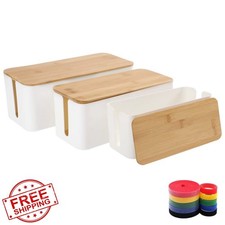 Cable Management Box Organizer 3pc Bamboo Lid Cord Holder Desk Storage