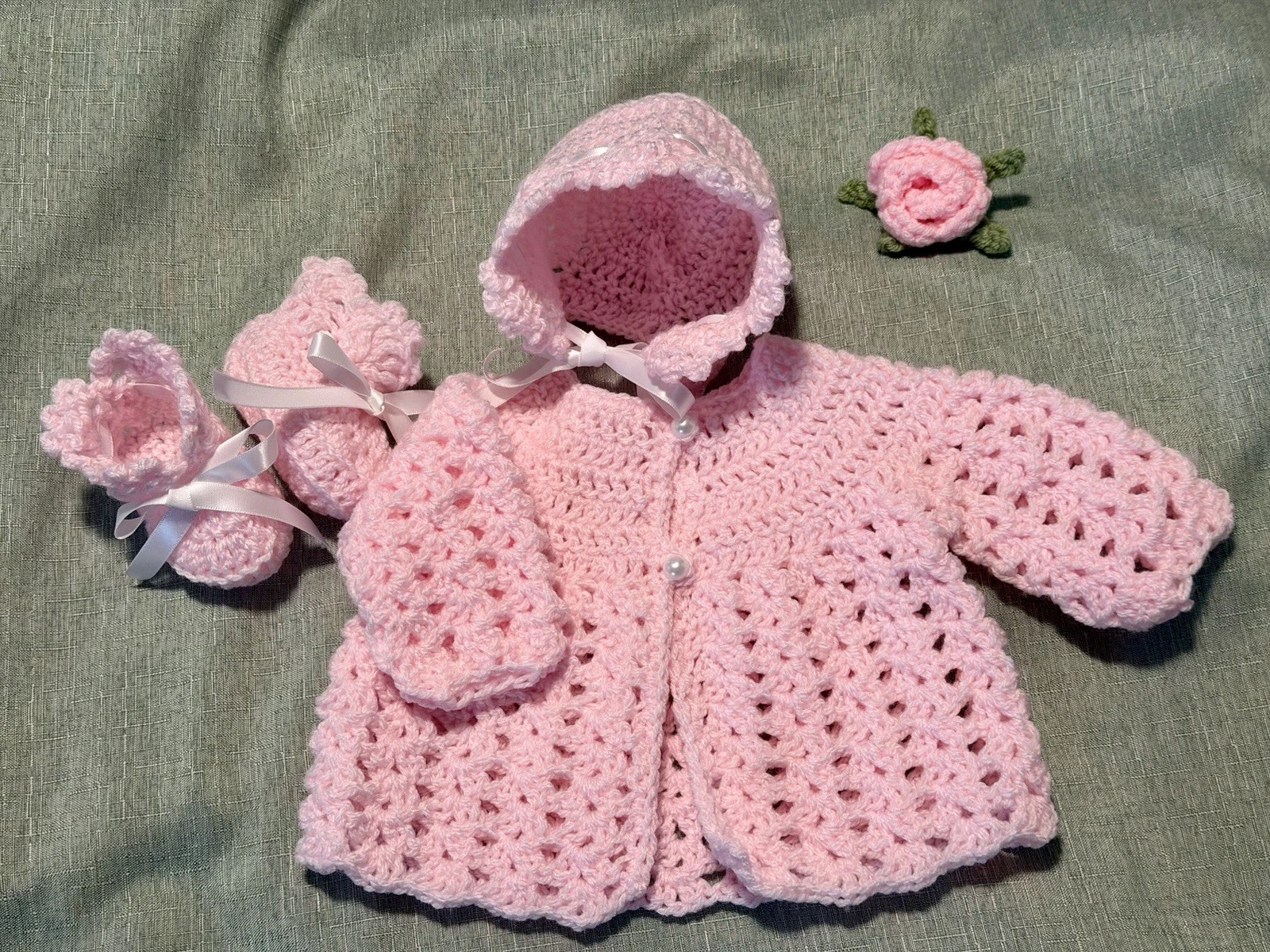 Handmade Newborn Crochet Pink Sweater Hat Booties 3pc Set Bow Button
Opens in a new window or tab