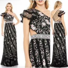 Mac Duggal NWT Embroidered Ruffled One Shoulder Lace Up Gown Size 2 Black Floral