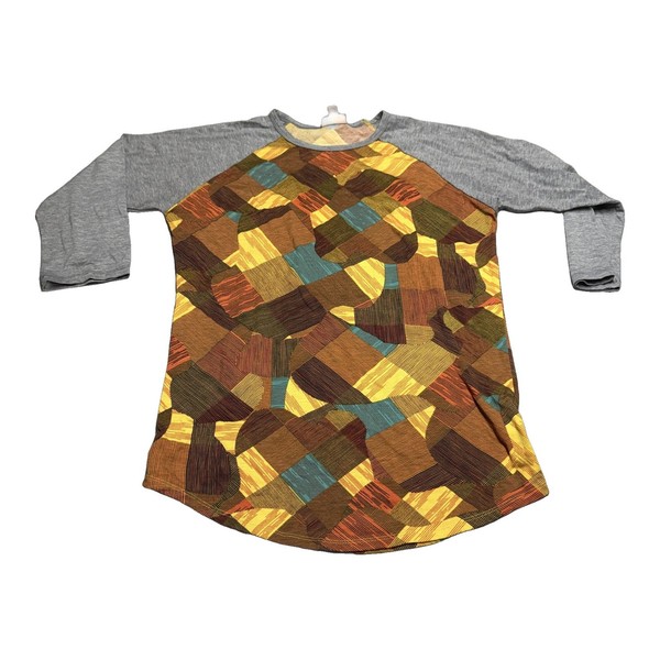 LuLaRoe Randy Womens Medium Raglan Baseball Tee Geometric Patchwork Print Top