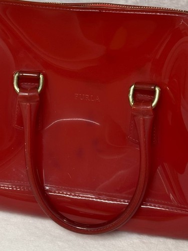 Furla Candy Bag Red Patent PVC Satchel Handbag Lock Zip Tote Purse - Picture 8 of 15