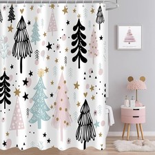 Christmas Tree Shower Curtain, Pink and Blue Christmas Tree Snowflake Stars W...