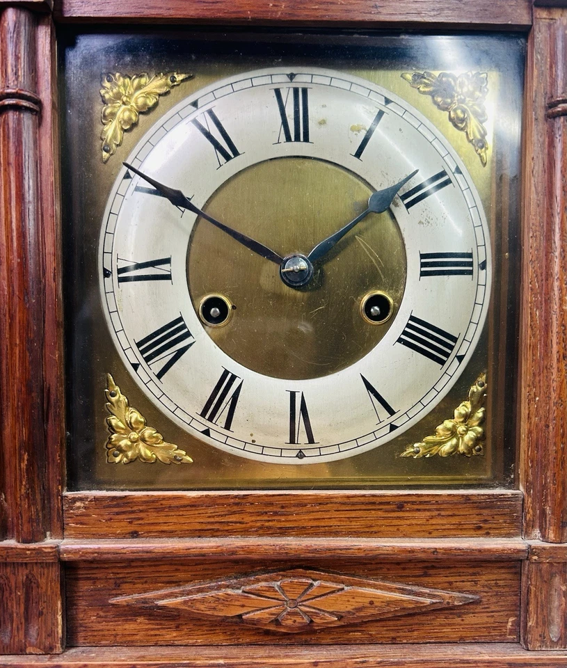 Antique 2 Train Wooden Hamburg American Clock Co.HAC German Mantle Bracket Clock - Image 3 of 4