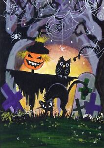 ACEO-Art-Painting-Acrylic-Oils-Past-2-5-034-x3-5-034-V-Vlasiuk-Halloween-Witch-Cat