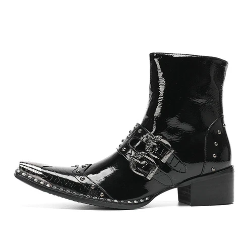 Men' S Black Leather Western Boots Motorcycle Boot Punk Rock Riveting Metal Toe - Bild 4 von 9