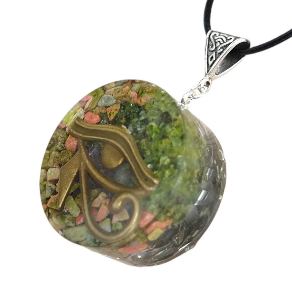 Orgonit Orgon Anhänger Auge des Horus Olivina Unakite Fluorit Halskette Unisex - Bild 2 von 4