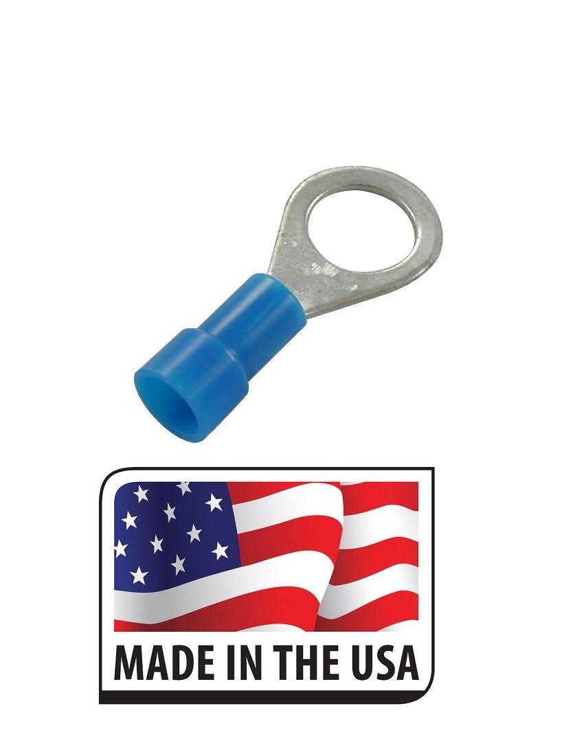 (100) 16-14 AWG 3/8 Vinyl Ring Terminal Electrical Connector Made in USA Blue