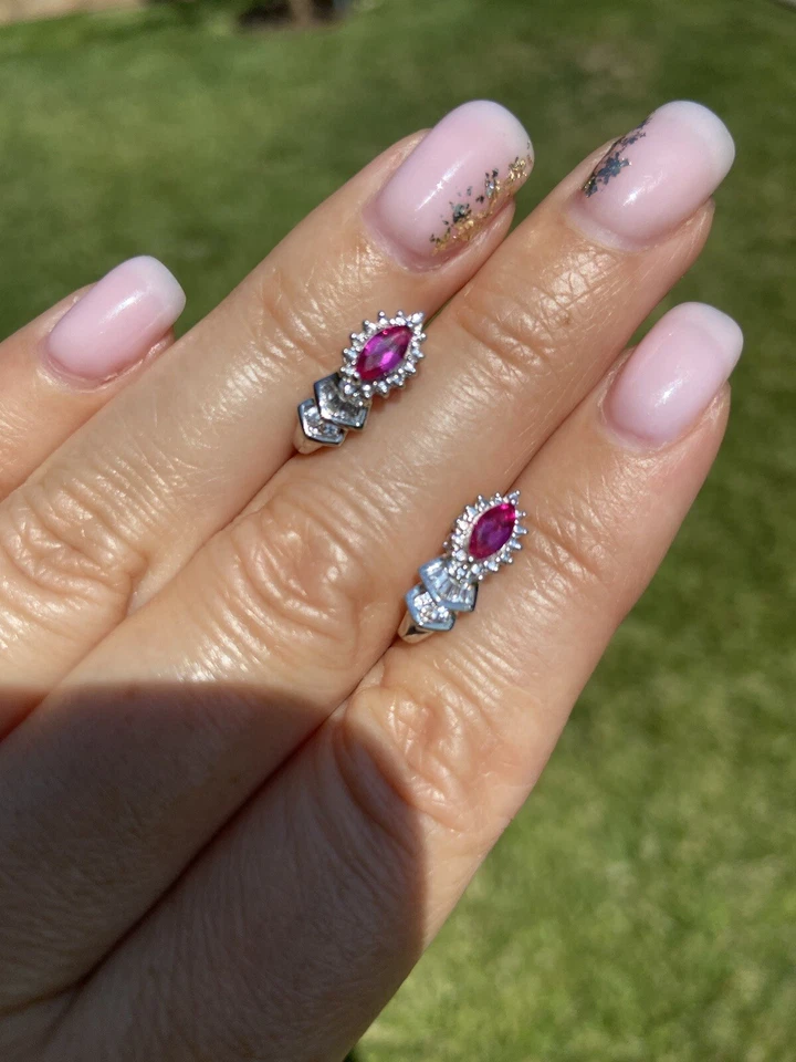 Estate Synthetic Ruby White Quartz 10K Gold Fancy J Hoop Earrings - Image 4 of 4