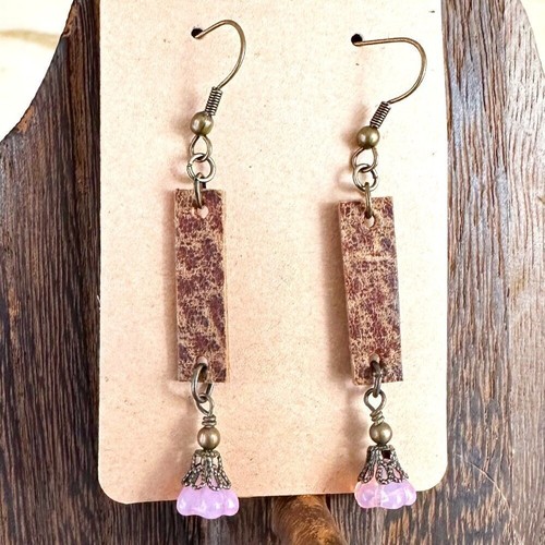 Leather and Flower Earrings Pink Czech Pressed Glass Beads