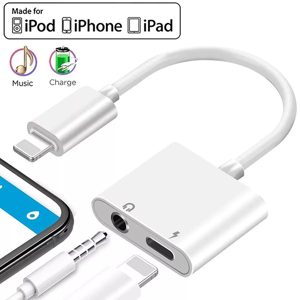 2 IN 1 Headphone Adapter Jack 8 Pin Data to 3.5mm AUX Cord