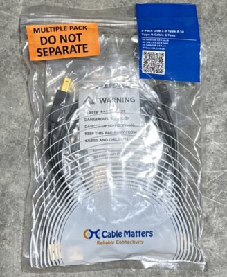 (3 Pack) USB 2.0 Type A To Type B Cable Black 6 Feet by Cable Matters FAST SHIP!