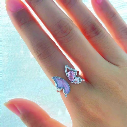 Pink Butterfly Adjustable Ring 925 Sterling Silver Women Girl Jewellery Gifts - Picture 2 of 3