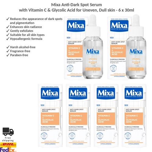 Mixa Anti-Dark Spot Serum with Vitamin C & Glycolic Acid for Dull Skin 6x30ml