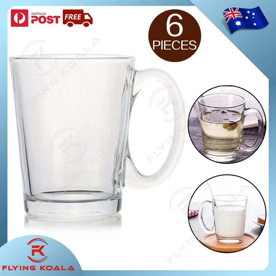 Set of 6 Premium Glass Coffee Tea Mugs Lead-free Tempered Hot Cold Beverage Cups