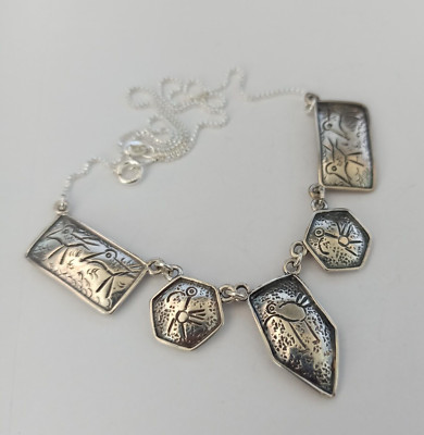 Vintage Bib Necklace Artisan Silver 925 Birds Geometric Links Designer Gift 90s