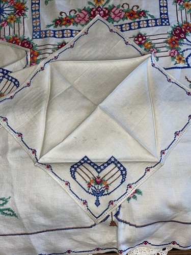 Vintage Rose -Floral Embroidered Cross Stitch Tablecloth With Napkins 78x57 (33 - Picture 9 of 18
