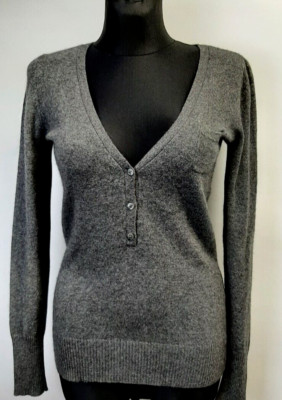 GESCHLOSSEN Kaschmir Pullover V-Ausschnitt 1/3 Knopf Pulli Damen M tailliert grau Pullove23