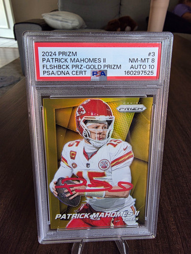  2024 Prizm Flashback Patrick Mahomes  Chiefs Gold /10 AUTO RED INK ON PSA DNA
