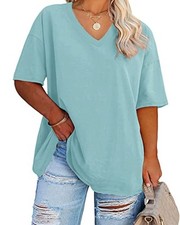 Women's Plus Size V Neck T Shirts Summer Half Sleeve 3X-Large Plus Light Blue