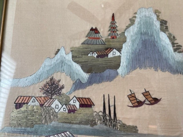 Vintage Chinese Silk Embroidery on Silk Fabric of Chinese Countryside Scene. - Image 4 of 4