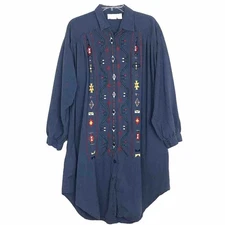 Go Softly Womens Denim Chambray Button Embroidered Patio Dress Southwest Medium