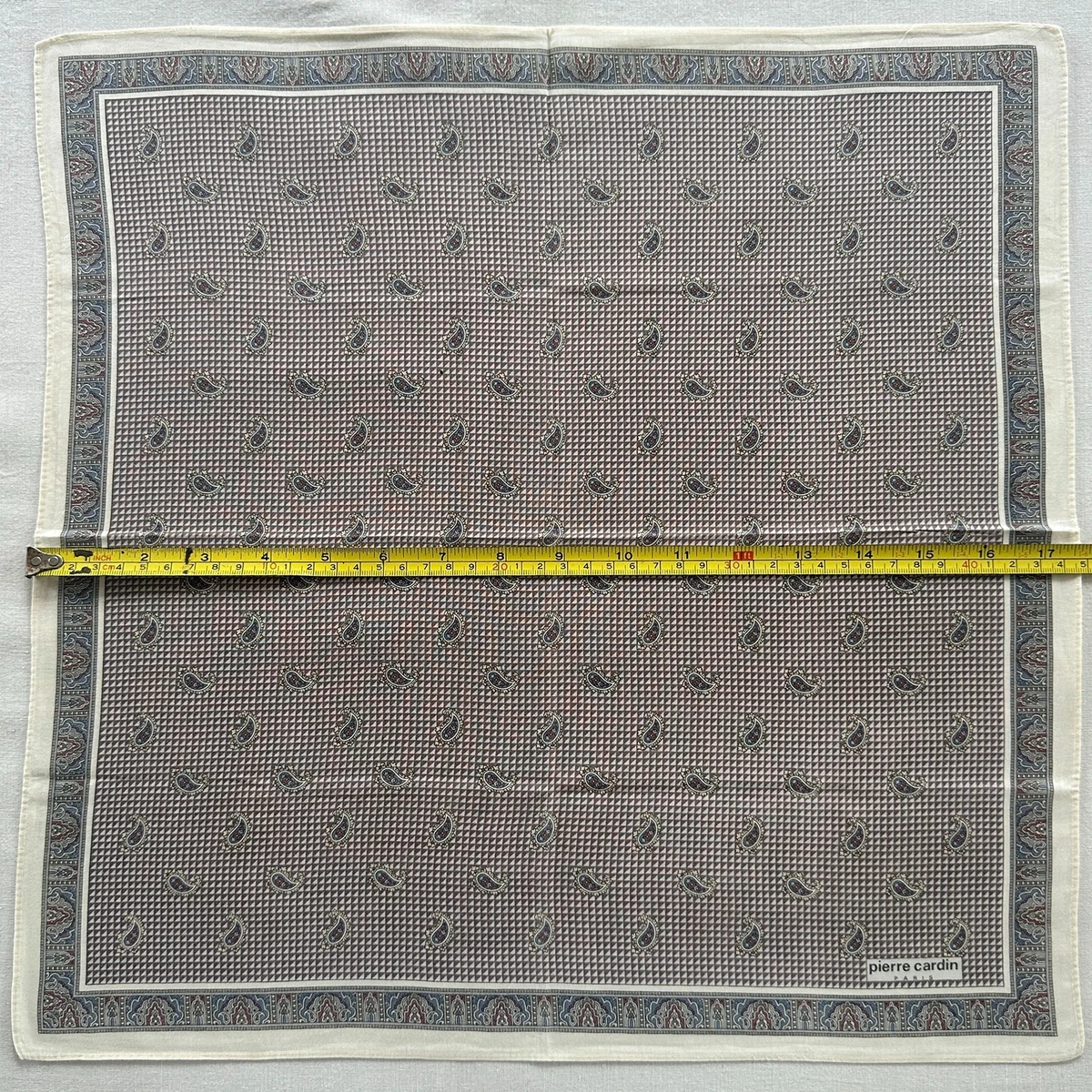 VTG Handkerchief Cotton Flukes Paisley~Border Damask Pattern Pocket Square 17"~P