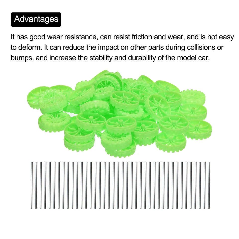 50x Spielzeugauto-Räder 40mmx10mm Kunststoffrolle und 2mmx50mm Rundstabachsen - Bild 4 von 4