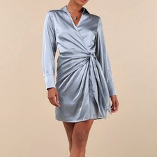 NWOT Lulus Women's M Painterly Perfection Slate Blue Satin Wrap Mini Dress Party