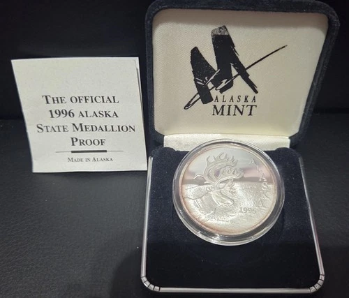 1996 Alaska Mint State Medallion 1 Oz Proof Silver Art Caribou Box & COA