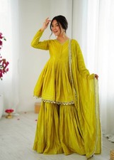 Women Wear Bollywood Party Kurta Sharara Dupatta Set Salwar Suit Kameez 3Pcs Set