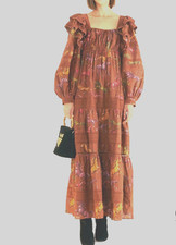 Farm Rio Dotted Horse Tiered Maxi Dress Brown Sz Lge High Waist Ruffles Cottage