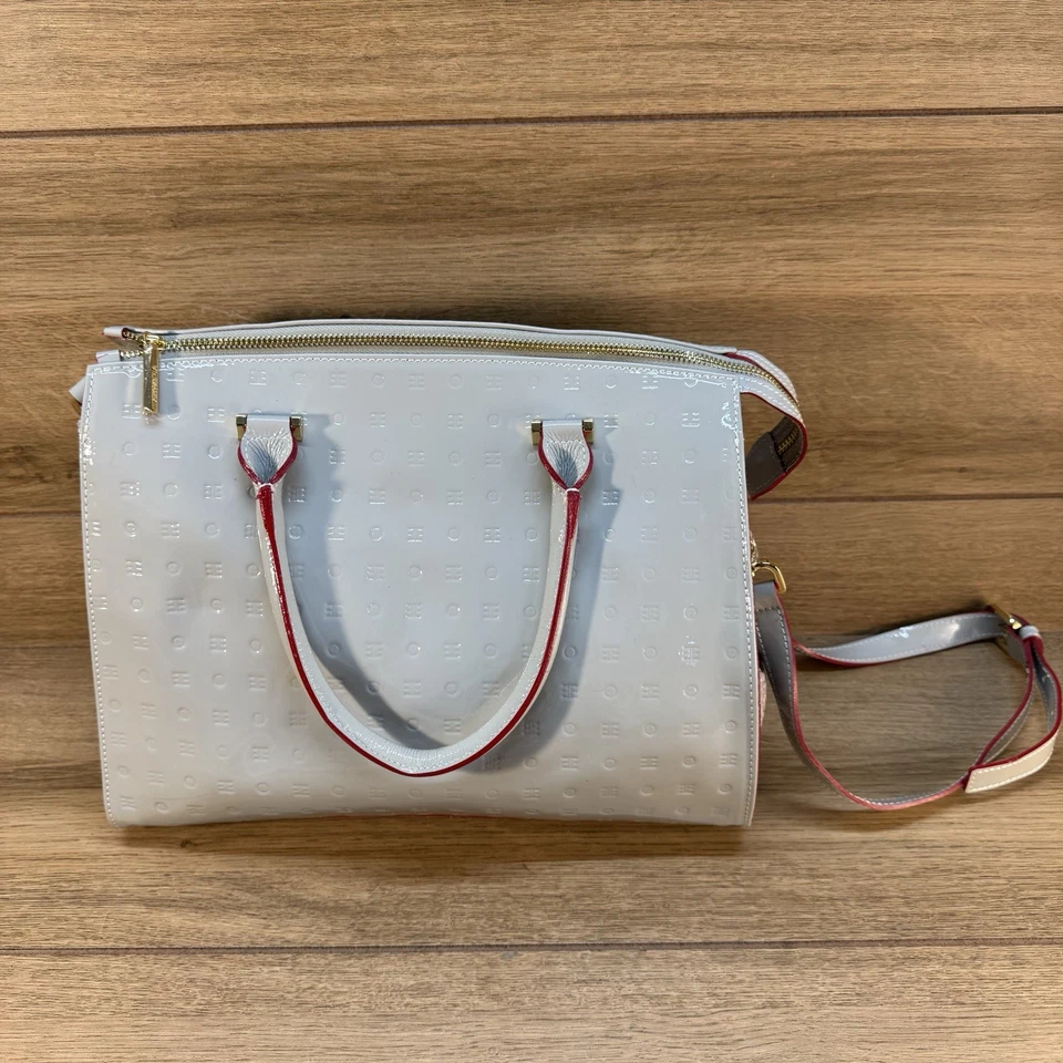 ARCADIA ITALIAN LIGHT GRAY PATENT LEATHER TOTE BAG EMBOSSED SNAKESKIN CROSSBODY - Image 2 of 4