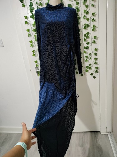 Plt blue velvet longsleeve ruched side dipped hem midi maxi dress size UK 16 - Picture 4 of 17