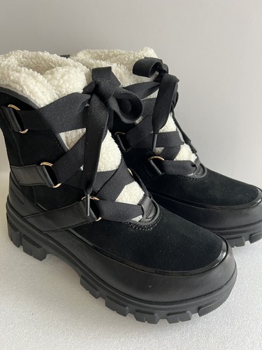 New Sorel TIVOLI V Resort Women Waterproof Boots Ribbon Laced Black White Sz 8 - Picture 3 of 11
