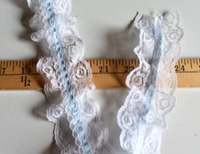 DOUBLE RUFFLED WHITE LACE WITH BLUE SATIN TRIM  2 3/8 INCHES WIDE  BY THE YARD