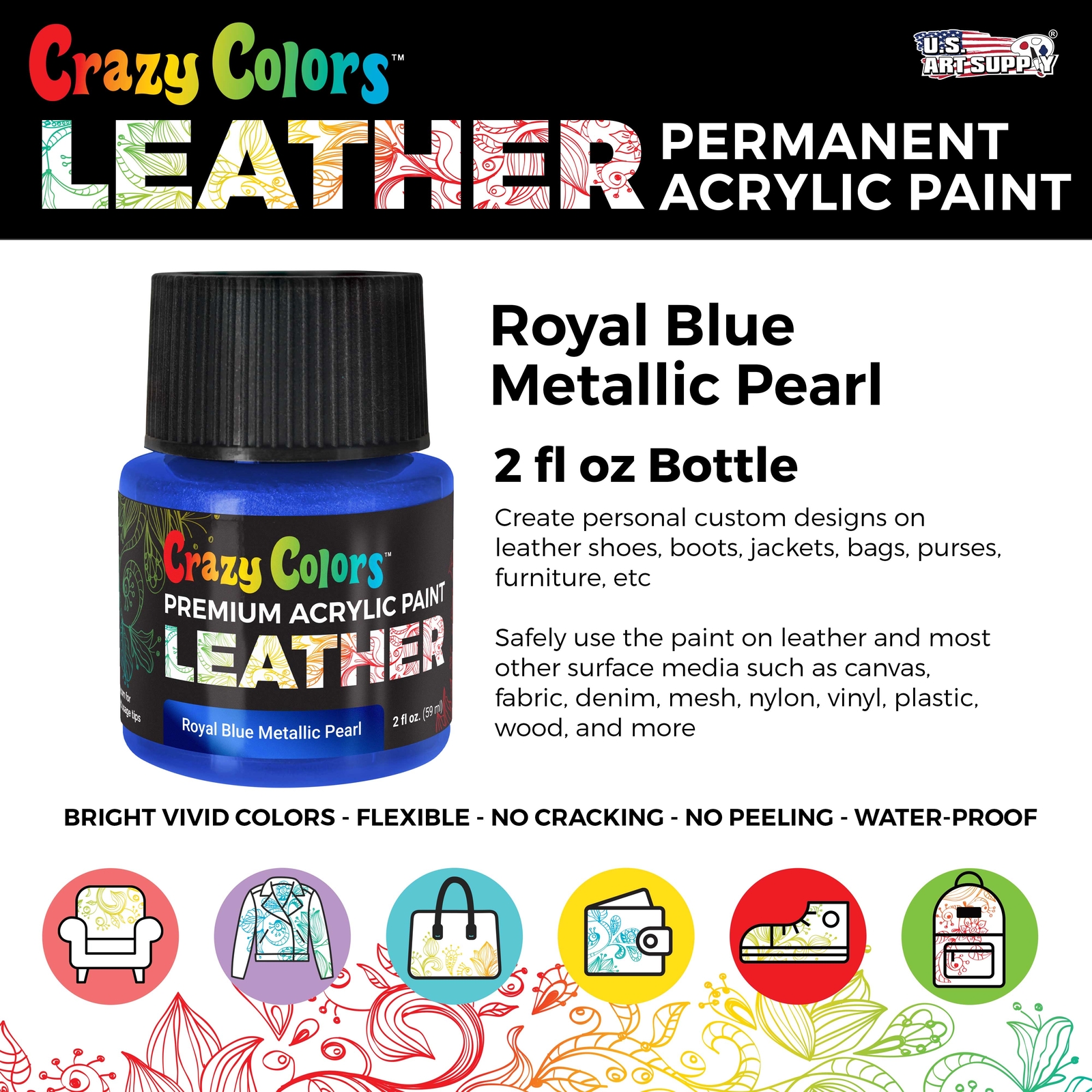 Royal Blue Metallic Pearl Acrylic Leather Shoe Paint, 2 oz - Sneakers, Bags