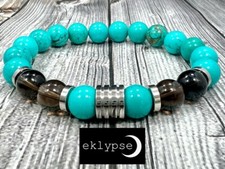 8"L Stainless Steel 10mm Turquoise Smoky Quartz Gemstone Beaded Men  s Bracelet