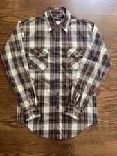 Vintage Sears 80s men's M navy plaid western rodeo button up shirt flap pockets