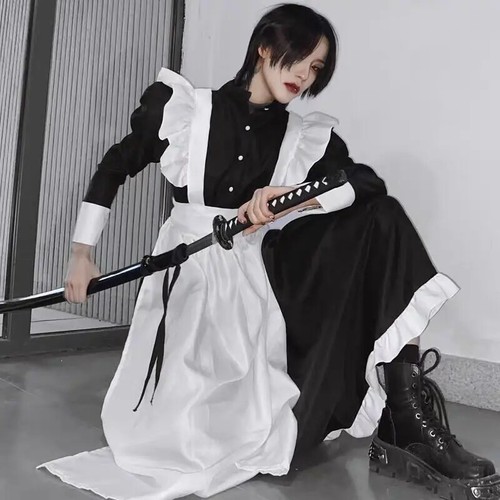 Women Maid Outfit Long Dress Apron Dress Lolita Dresses Men Clothes Unisex Cafe - Picture 7 of 25