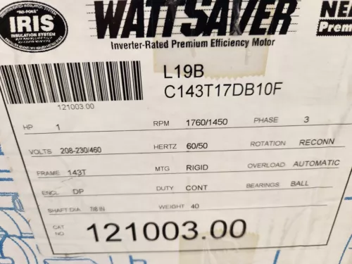 LESSON #121003.00 1hp 208-230-460 volts 143t frame 1725 rpm 3 phase blower motor