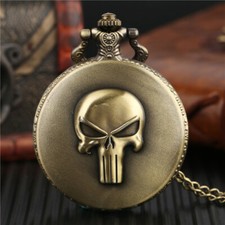 Men's Vintage Pocket Watch Retro Chain 3D Skull Pattern Bronze Quartz Watches