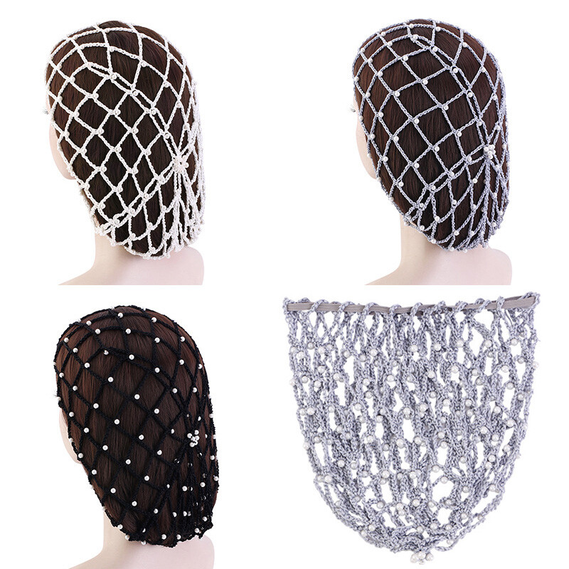 Crochet Hairnet Hair Net French Mesh Fish Net Snood with Pearls Women