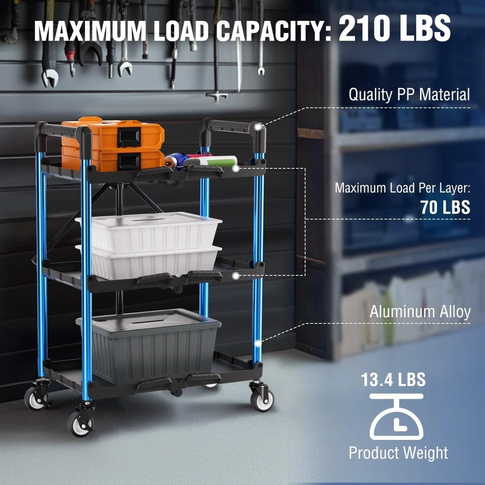 Carro de servicio plegable portátil de 3 niveles WORKPRO carro de herramientas plegable con rueda 210 lb Foto 4 de 4