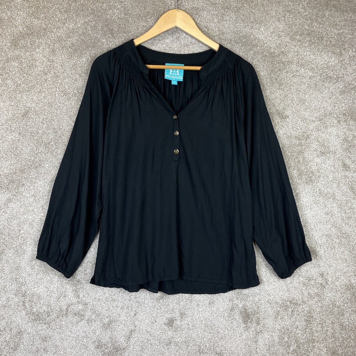Escapada Blouse Womens Large Black Rayon Long Sleeve Pullover 