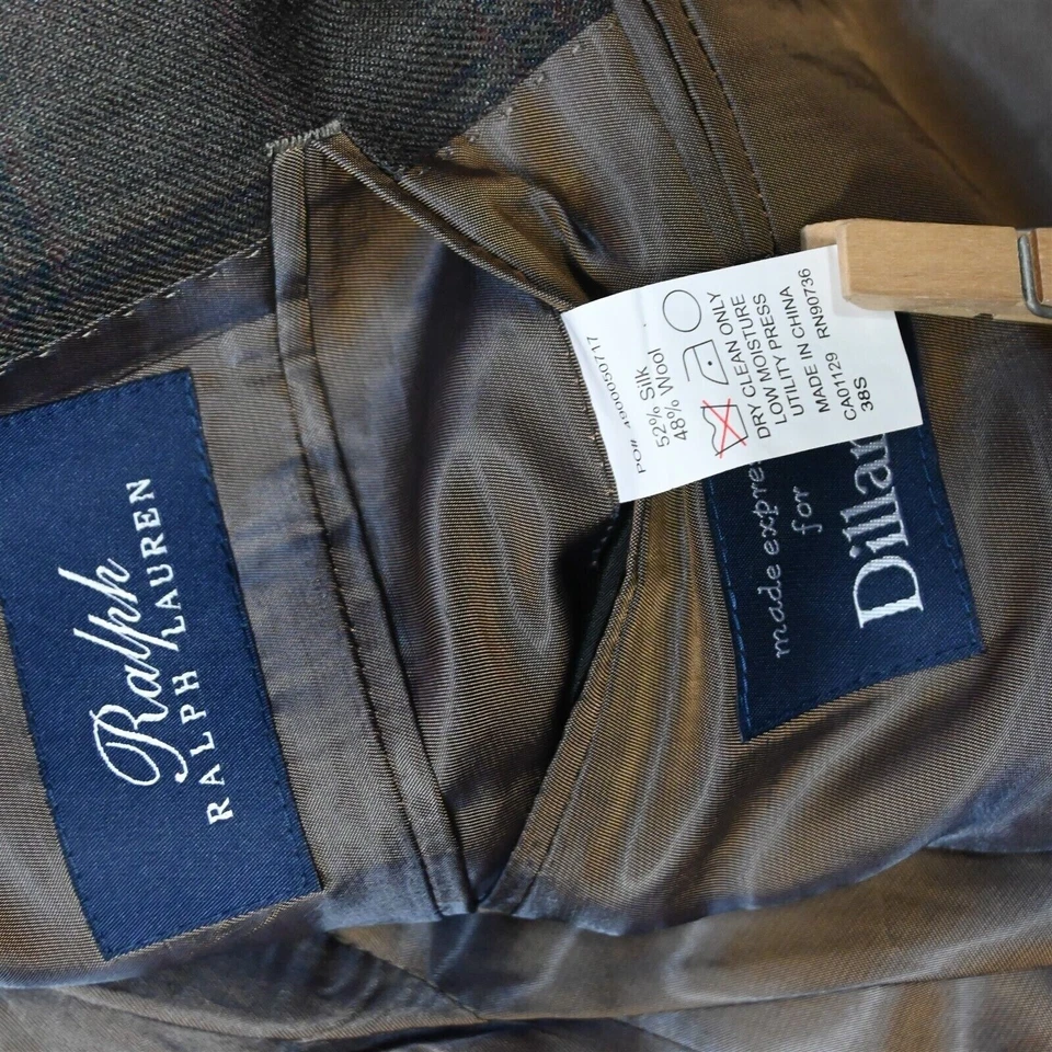 Ralph Lauren 38S Brown Plaid Flannel Silk Wool Mens Blazer Coat Suit Jacket - Image 4 of 4