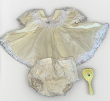 Vtg Baby Dress Yellow w White Lace full circle plastic pants USA incl hairbrush