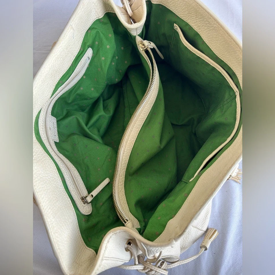Kate Spade New York Deco large pebbled leather satchel cream green lining rope - Image 3 of 4