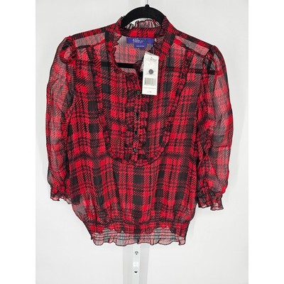 Miley Cyrus Women's Long Sleeve V-neck Black Red Plaid Casual Top Size XL