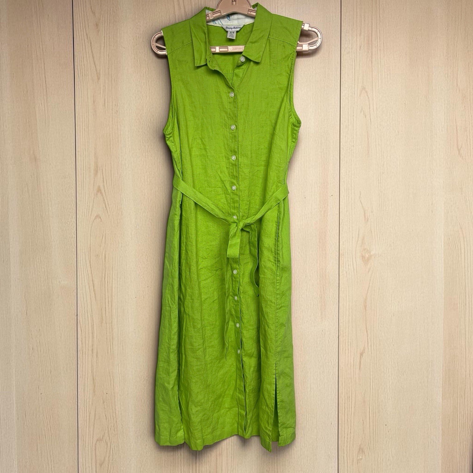 Tommy Bahama Women SZ M Two Palms Green Linen Shirt Dress Sleeveless Beach EUC