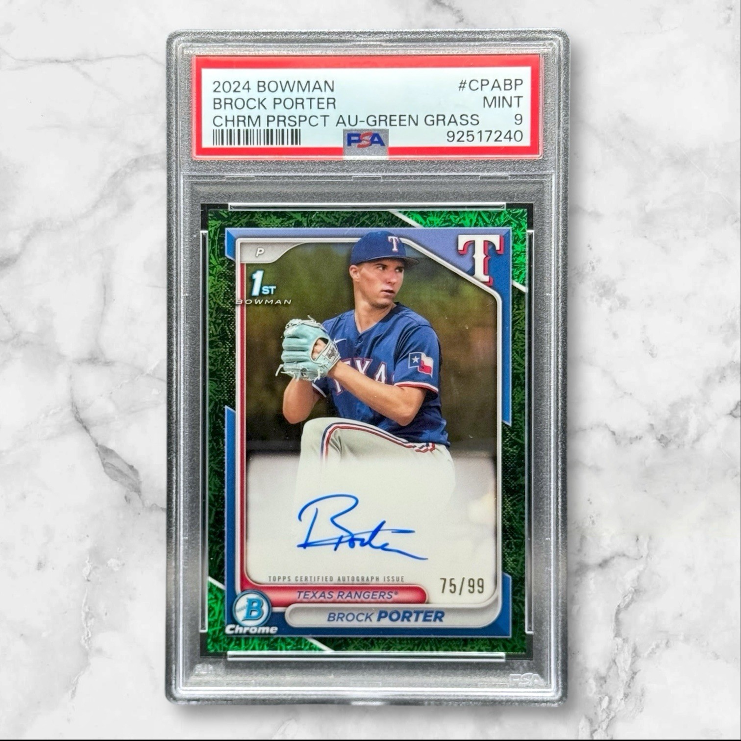 Brock Porter 2024 Bowman Chrome Green Grass Auto /99 1st PSA 9 Rangers CPA-BP